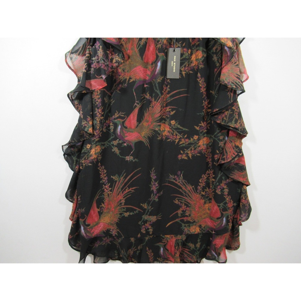 NEW Max Studio Longtail Bird Print Ruffle Dress Women Medium Sleeveless - Picture 3 of 10